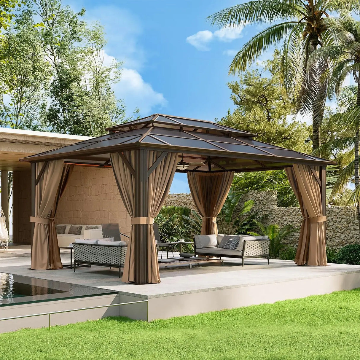 12'x16' Hardtop Gazebo, Aluminum Frame Permanent Pavilion with Curtains and Netting