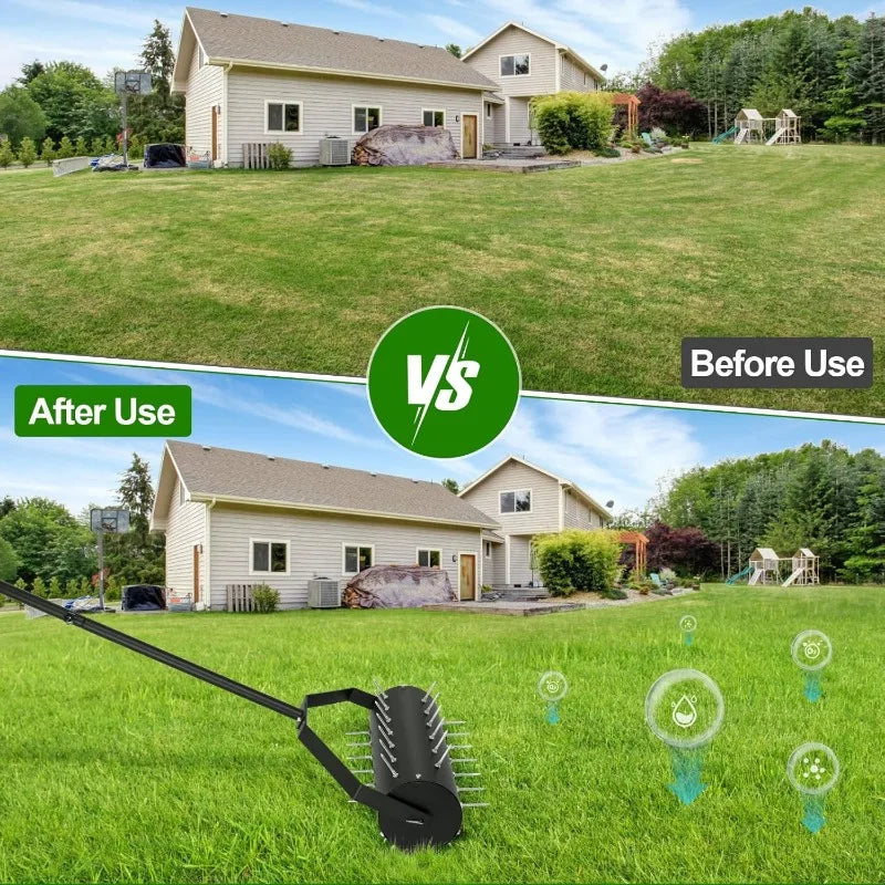 18-inch Rolling Lawn Aerator Tool, 50"-70" Handle Heavy Duty Spike Aerator with Sandbag, 40 Iron Spikes Tighten with Patience