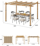 10X10FT 10X13FT Outdoor Pergola With Retractable Canopy,  Faux Wood Grain Metal Patio Gazebo, Modern Yard Pergola Shelter