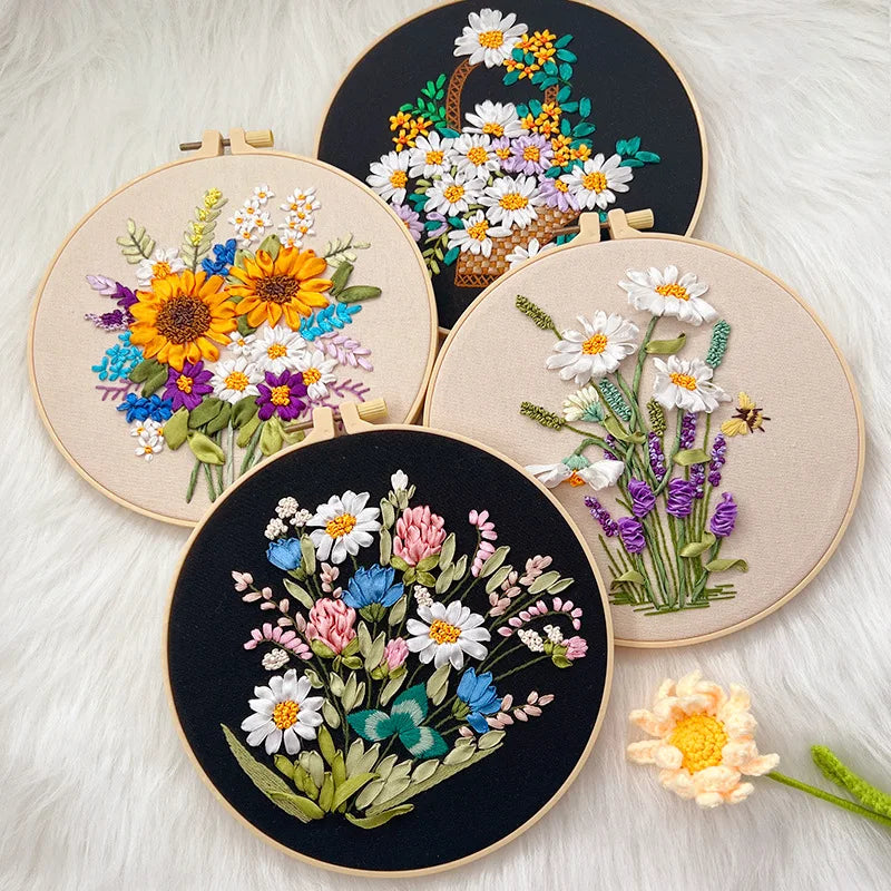Ribbon Embroidery Stitch Practice Kit Embroidery Kit for Adult Beginners, Include Embroidery Cloth Threads for Craft Lover