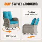 Patio Outdoor Rocking Swivel Chair Wicker Rattan Bistro Set with Tempered Glass Side Table, Outdoor Patio Furniture Set for Gard
