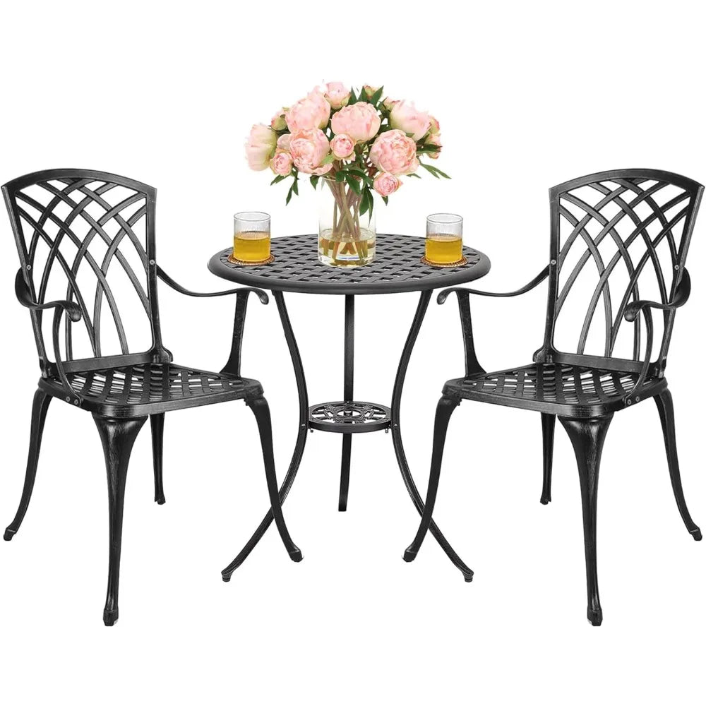 3 Piece Patio Bistro Set Cast Aluminum Bistro Table Set Outdoor Round Dining Table with Umbrella Hole for Porch, Lawn, Garden,