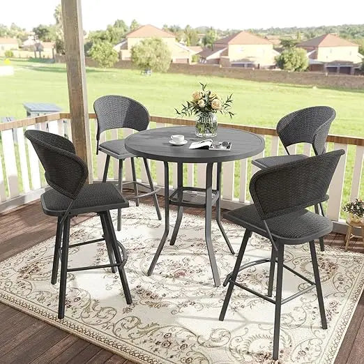3 Pieces Patio Bar Set for Lawn Garden, 35.5" Bar Height Metal Round Table and 2 Wicker Outdoor Swivel Outdoor Bar Stools, Blac