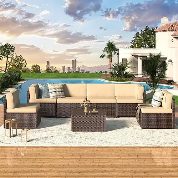 U-MAX Outdoor Sectional Furniture Chair Set with Cushions and Coffee Table,Patio PE Rattan Wicker Sofa, 7 Piece