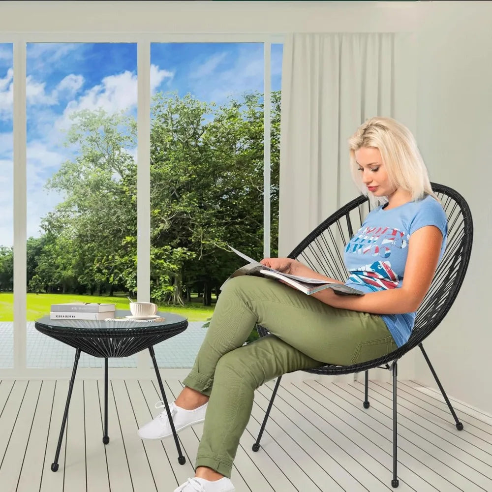 3-Piece Outdoor Chair Set - Glass Top Table, Woven PE Rope, Modern Bistro Set for Patio, Garden