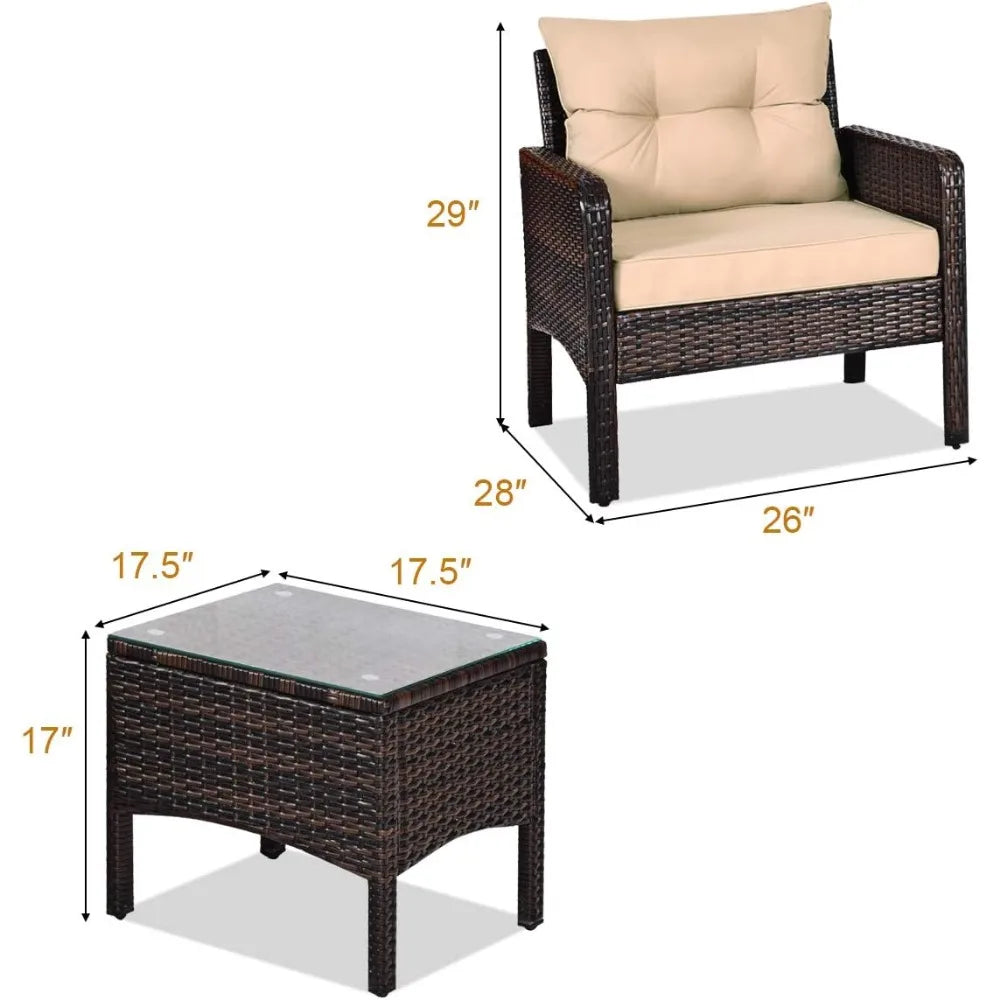 3 Piece Outdoor Patio Furniture Set for 2, Wicker Chairs with Glass Top Coffee Table, Thick Cushions, All Weather Garden Lawn