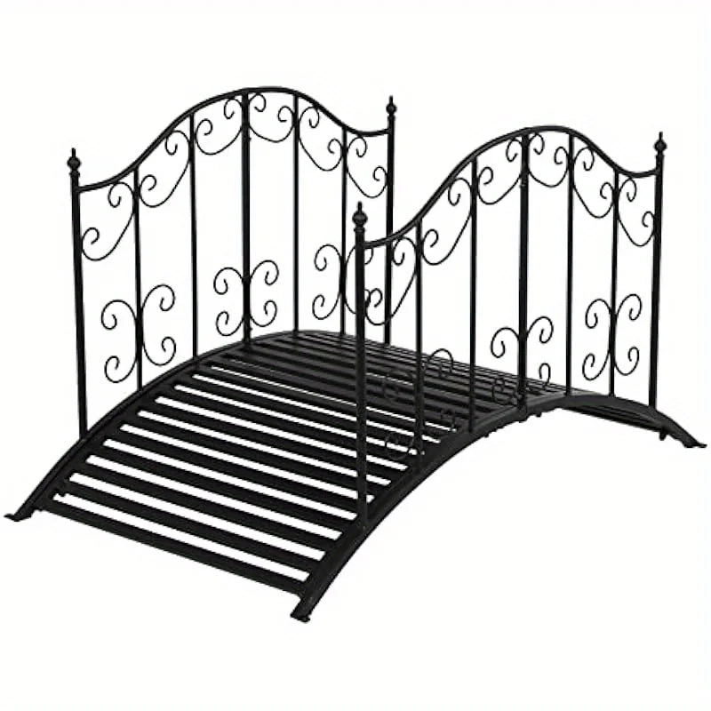 VINGLI Garden Bridge Metal Yard Arch Path Bridge with Patterned Guardrails Ourdoor Decorative Black Iron Foot Bridge for