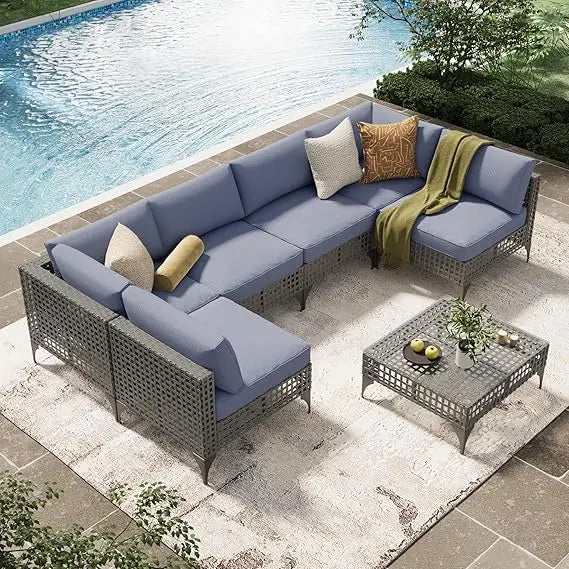 U-MAX Outdoor Sectional Furniture Chair Set with Cushions and Coffee Table,Patio PE Rattan Wicker Sofa, 7 Piece