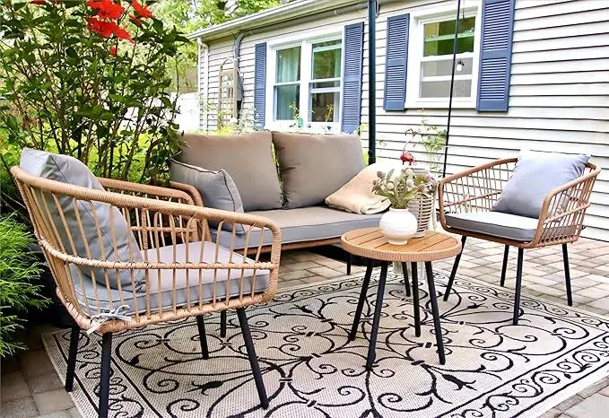 4 Pieces Patio Furniture Set, Outdoor Wicker Patio Conversation Set, All-Weather Rattan Bistro Set with Loveseat Chairs Table S