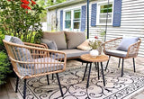 4 Pieces Patio Furniture Set, Outdoor Wicker Patio Conversation Set, All-Weather Rattan Bistro Set with Loveseat Chairs Table S