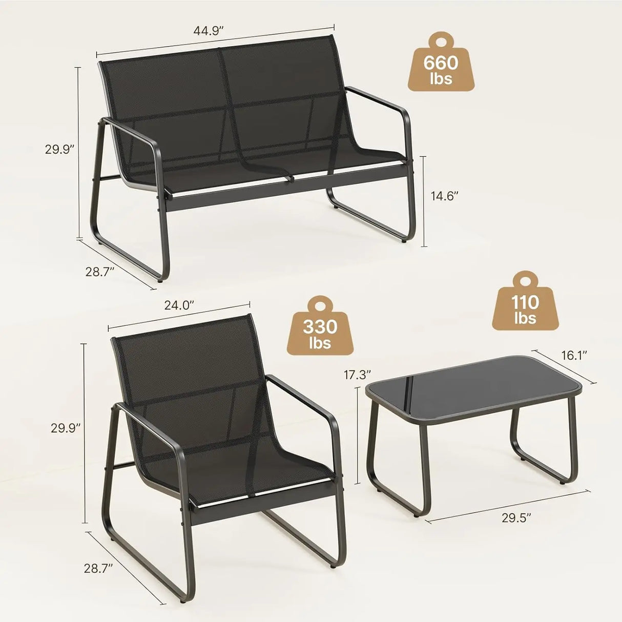 4 Piece Patio Furniture Set, Outdoor Patio Furniture with Loveseat and 2 Single Chairs, Bistro Table and Chairs Set for Backyard