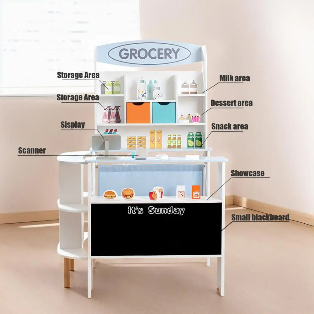 Toy Grocery Store, Toddler Grocery Store Playset Wooden Pretend Play Grocery Store Supermarket with Checkout Counter Snack Model