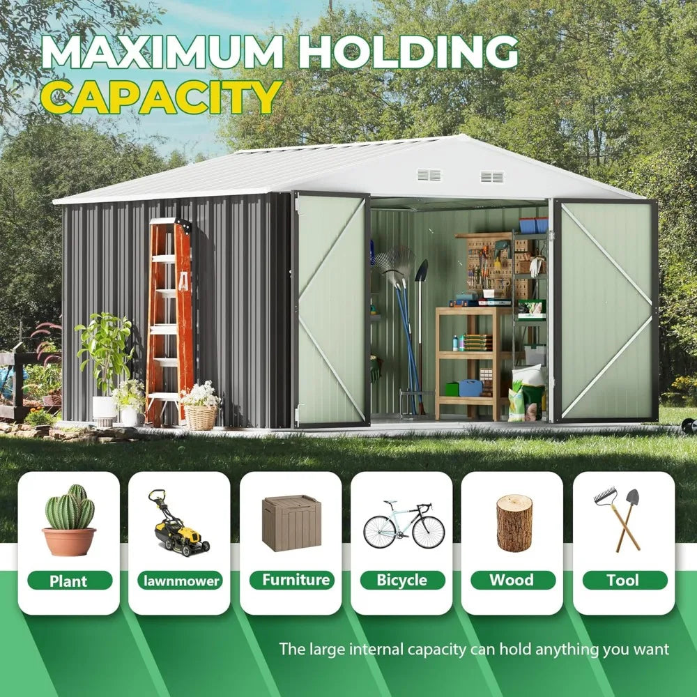10 x 10 FT Outdoor Storage Shed, Metal Garden Sheds & Outdoor Storage Clearance, Large Tool Shed Outdoor with Single Lockable D