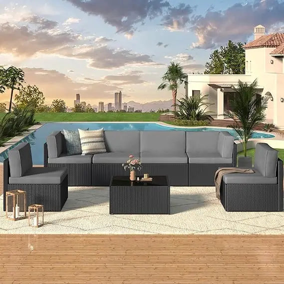 U-MAX Outdoor Sectional Furniture Chair Set with Cushions and Coffee Table,Patio PE Rattan Wicker Sofa, 7 Piece
