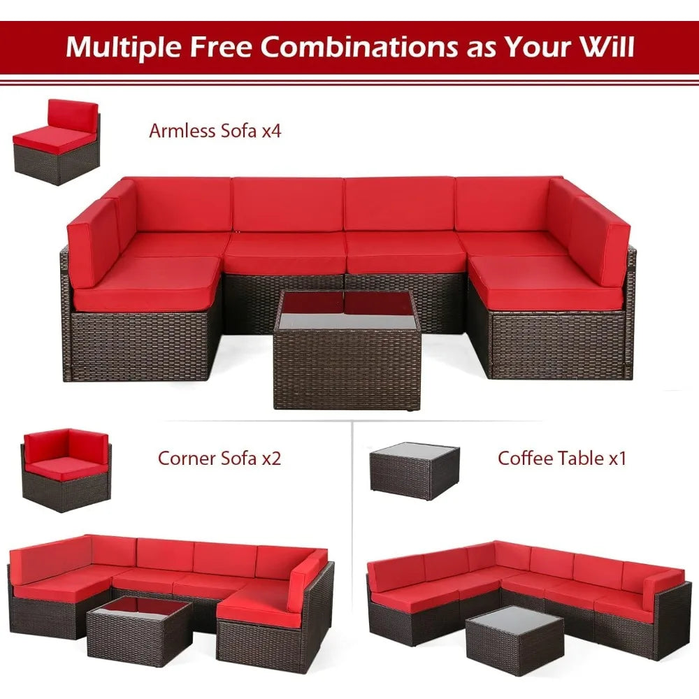 U-MAX Outdoor Sectional Furniture Chair Set with Cushions and Coffee Table,Patio PE Rattan Wicker Sofa, 7 Piece