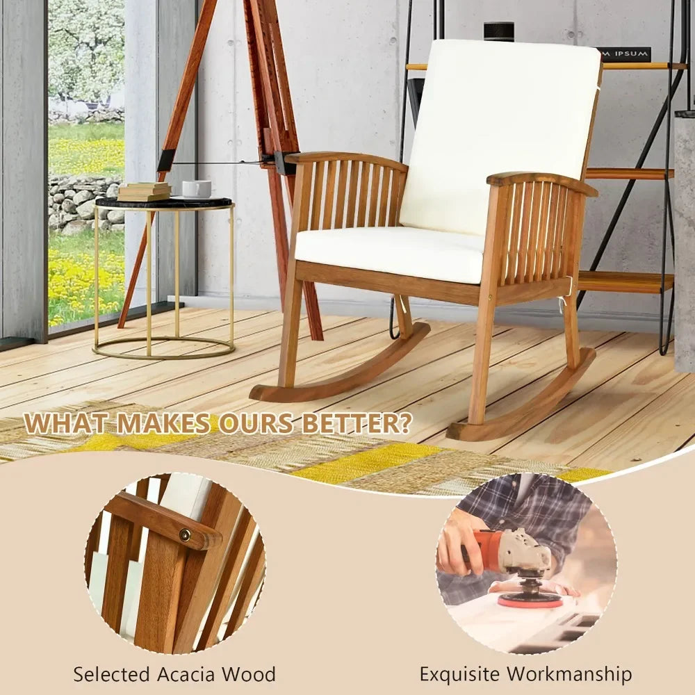 Patio Wooden Rocking Chair Lawn Garden Outdoor w/ Armrest Cushion Outdoor Furniture