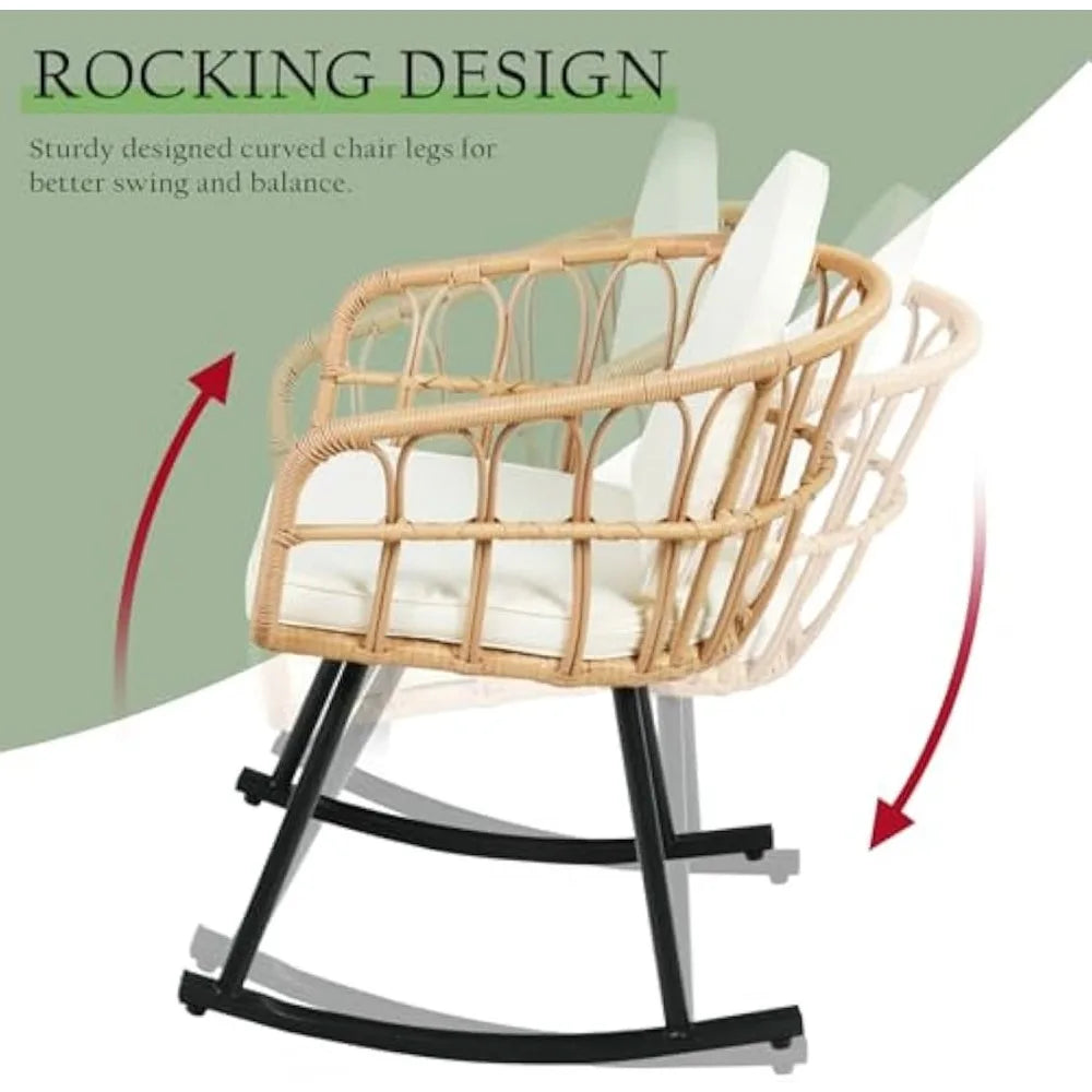 3 Pieces Rocking Chairs Set - Outdoor Wicker Rattan Rocking Chairs with Thickened Cushions, Boho Patio Furniture, Patio Convers