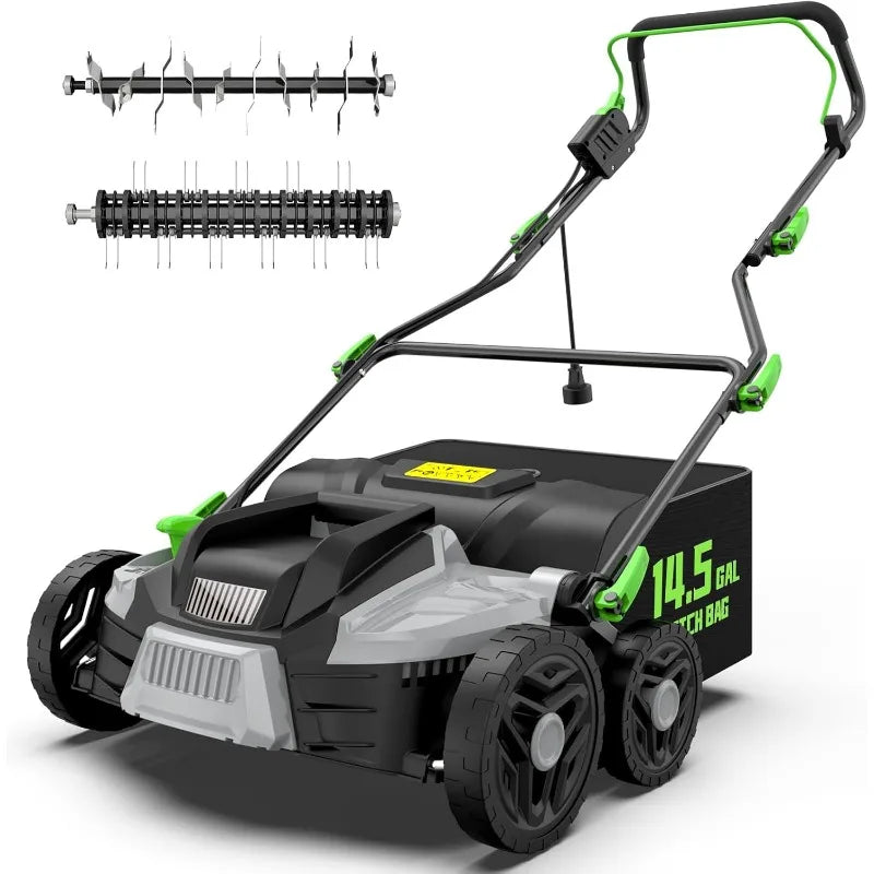 16-Inch 15.5 Amp 2-in-1 Electric Dethatcher and Scarifier with 14.5-Gallon Removable Thatch Collection Bag, Lawn Dethatcher with