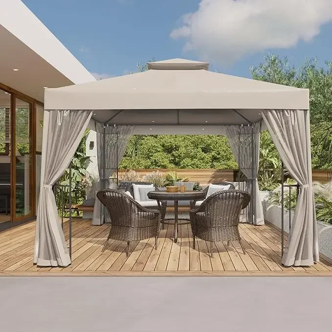 10x10 Outdoor Patio Gazebo with Netting and Corner Shelves,for Backyard, Lawn, Deck and Garden, Two-Tier Soft Top Canopy