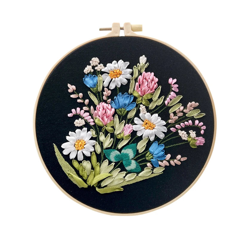 Ribbon Embroidery Stitch Practice Kit Embroidery Kit for Adult Beginners, Include Embroidery Cloth Threads for Craft Lover