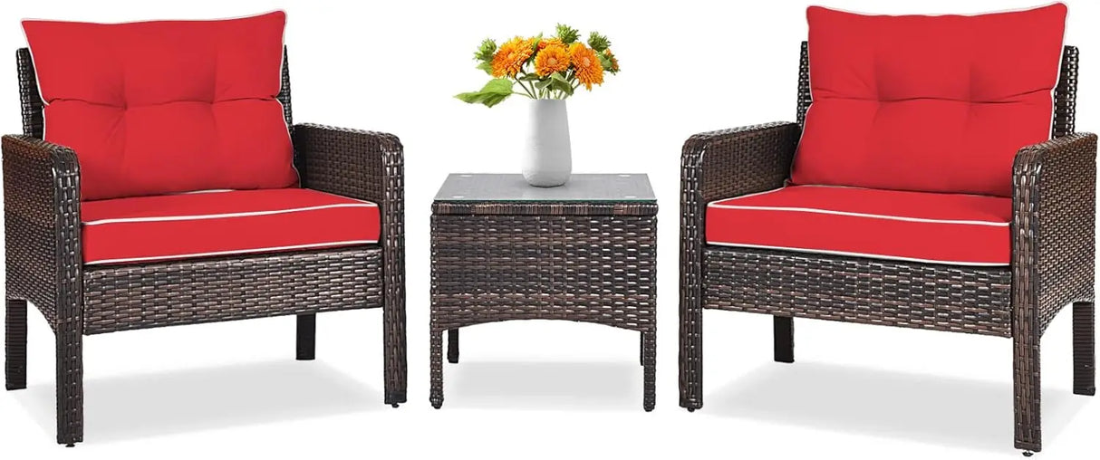 3 Piece Outdoor Patio Furniture Set for 2, Wicker Chairs with Glass Top Coffee Table, Thick Cushions, All Weather Garden Lawn