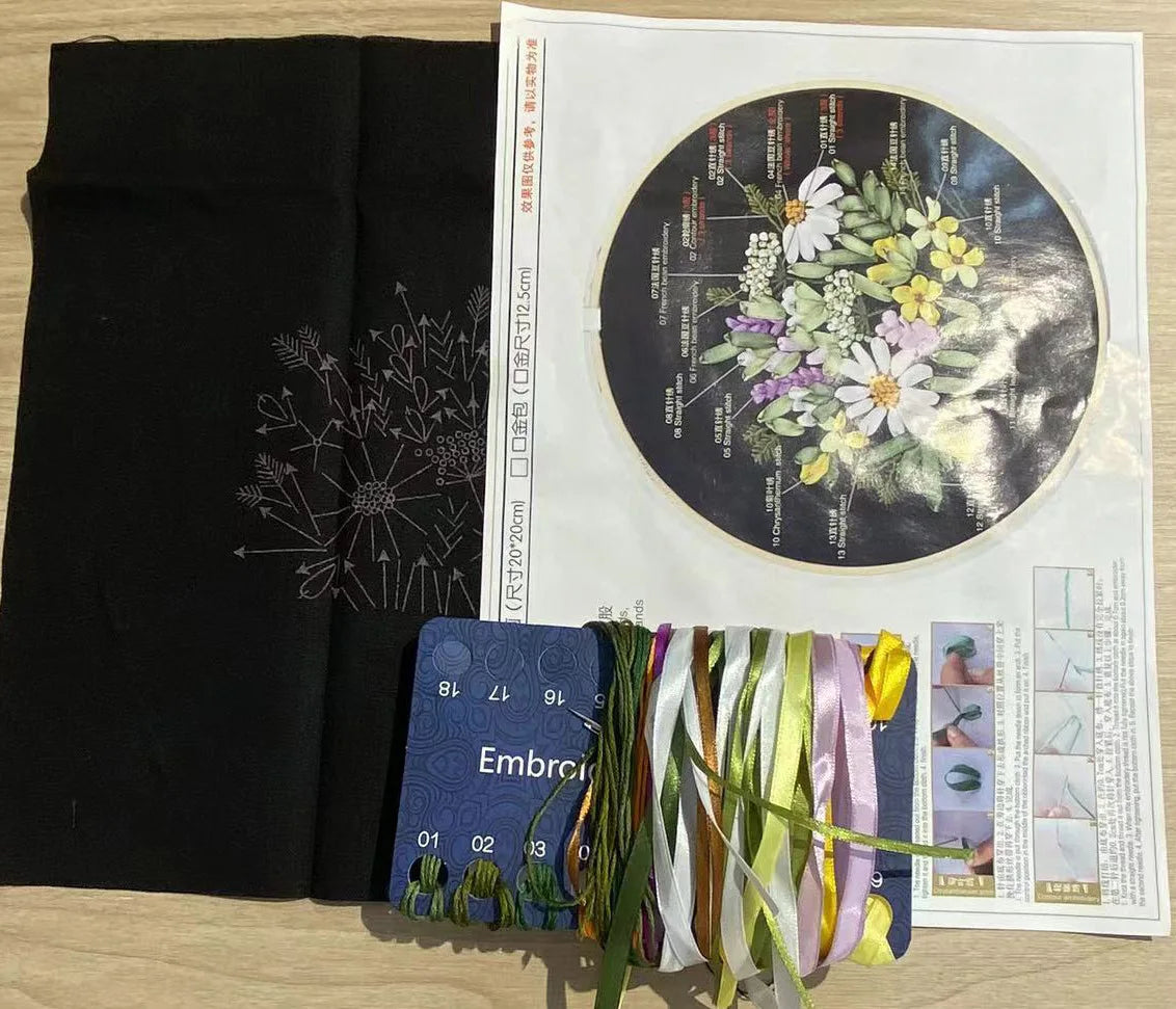 Ribbon Embroidery Stitch Practice Kit Embroidery Kit for Adult Beginners, Include Embroidery Cloth Threads for Craft Lover