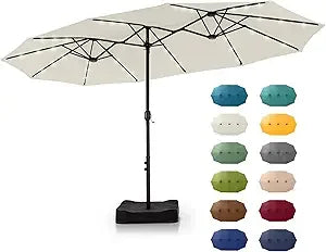 15 ft Rectangle Patio Umbrella with Solar Lights and Base Included, Double-Sided Market Table Umbrella with Crank, Large Outdoo