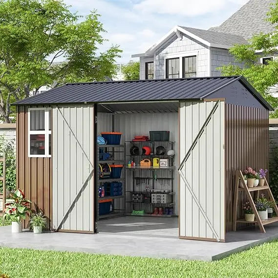 10x10 FT Large Outdoor Storage Shed, Metal Clearance Tiny Home with Windows & Lockable Doors for Backyard Garden, Patio Lawn, Pl