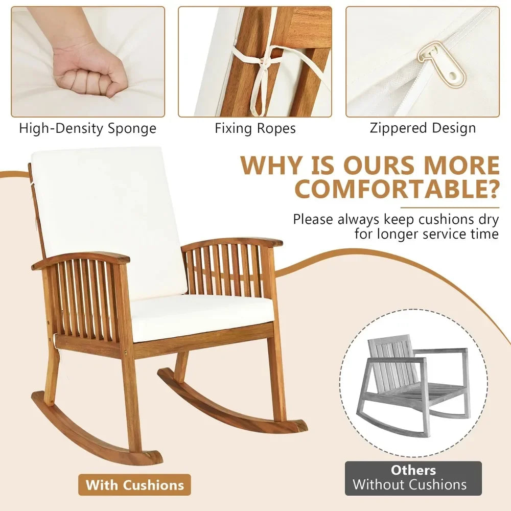 Patio Wooden Rocking Chair Lawn Garden Outdoor w/ Armrest Cushion Outdoor Furniture