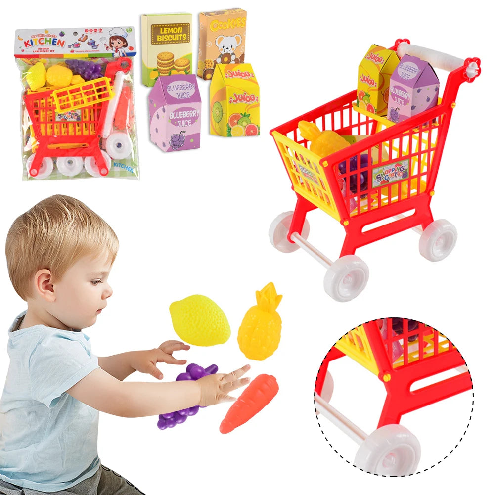21 Pieces Grocery Store Cart Toys Interactive Play Set Role Play Toys with Pretend Food Accessories for Food Fruit Vegetables
