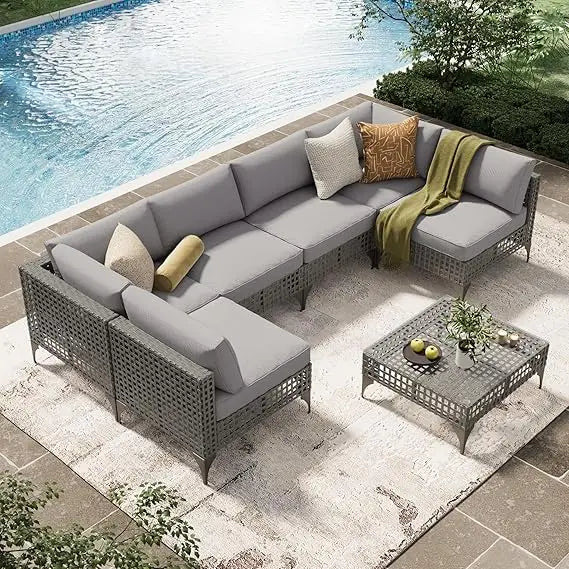 U-MAX Outdoor Sectional Furniture Chair Set with Cushions and Coffee Table,Patio PE Rattan Wicker Sofa, 7 Piece