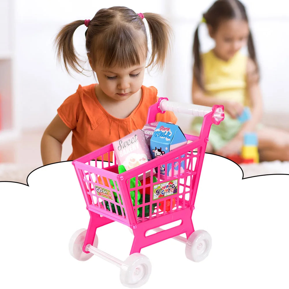 21 Pieces Grocery Store Cart Toys Interactive Play Set Trolley Toys Role Play Toys for Children Kids for Food Fruit Vegetables