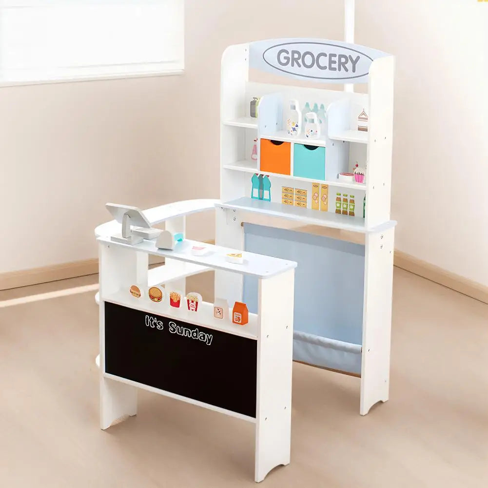 Toy Grocery Store, Toddler Grocery Store Playset Wooden Pretend Play Grocery Store Supermarket with Checkout Counter Snack Model