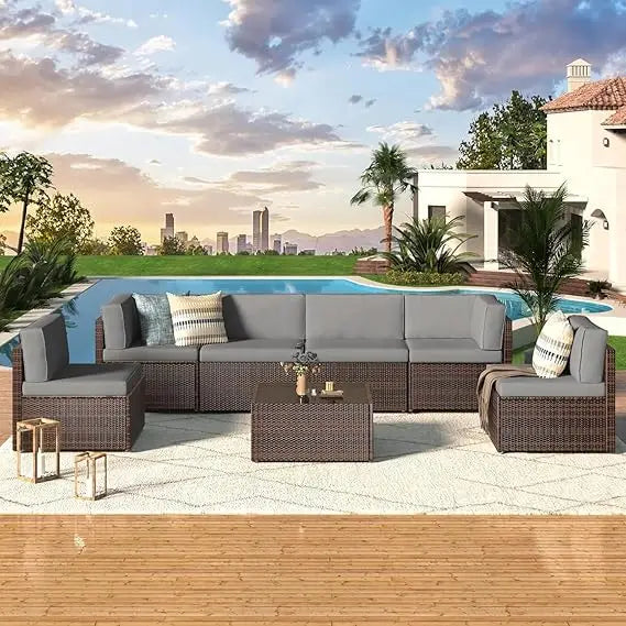 U-MAX Outdoor Sectional Furniture Chair Set with Cushions and Coffee Table,Patio PE Rattan Wicker Sofa, 7 Piece