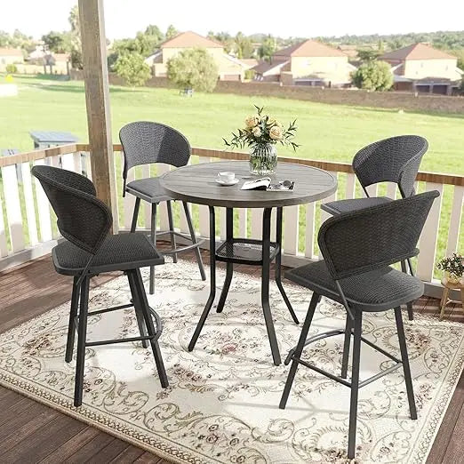 3 Pieces Patio Bar Set for Lawn Garden, 35.5" Bar Height Metal Round Table and 2 Wicker Outdoor Swivel Outdoor Bar Stools, Blac