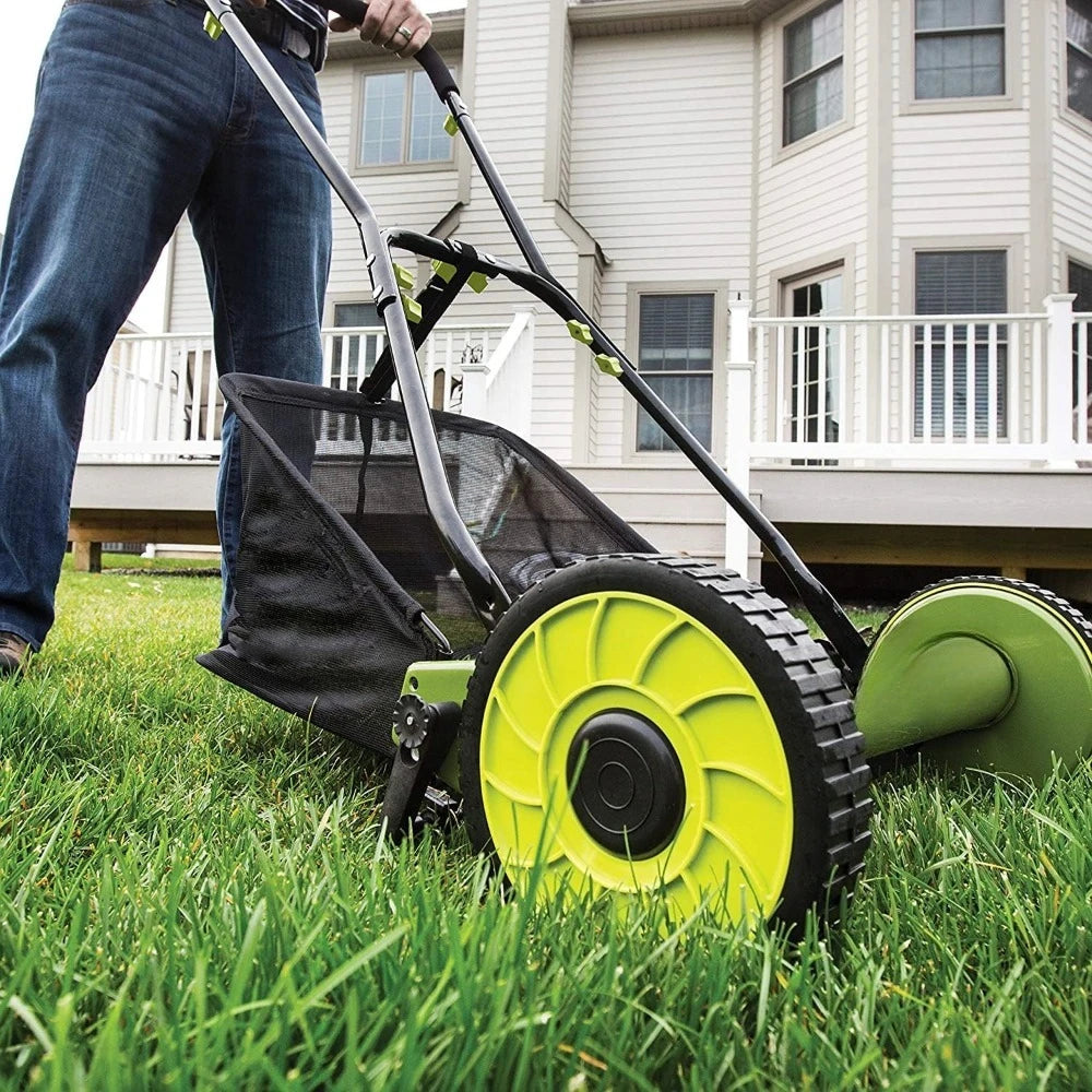 16-Inch Manual Reel Mower w/Adjustable Cutting Height, 6.6-Gallon Removable Grass Catcher, 5 Steel Blades, 2-Wheels