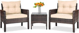 3 Piece Outdoor Patio Furniture Set for 2, Wicker Chairs with Glass Top Coffee Table, Thick Cushions, All Weather Garden Lawn