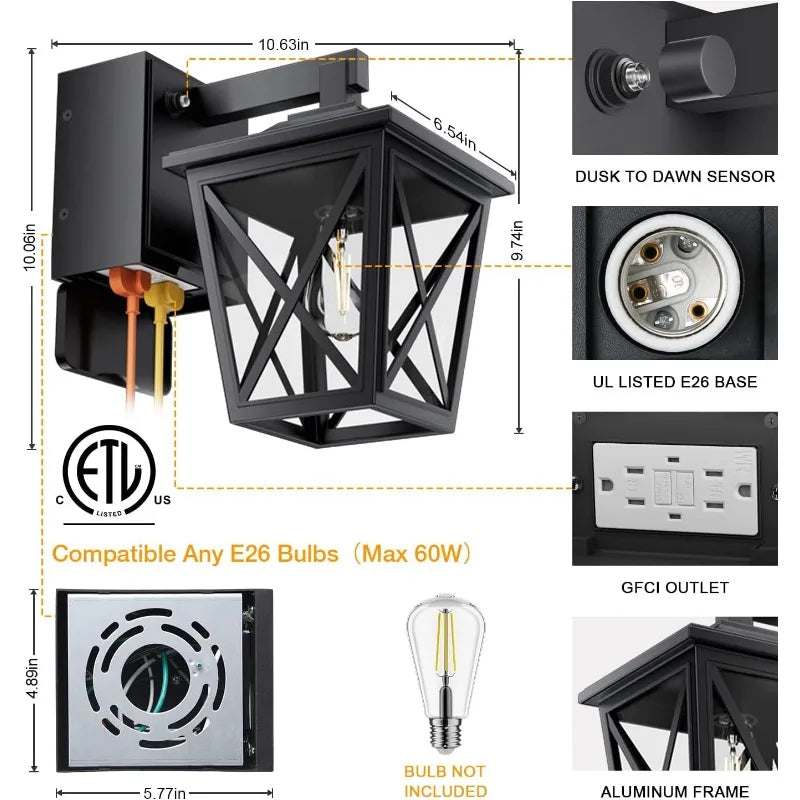 Porch Lights with Outlet, Dusk to Dawn Outdoor Light with Outlet Built-in, Waterproof Anti-Rust Aluminum Outside Light with GFCI