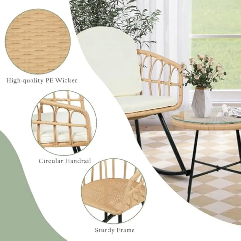 3 Pieces Rocking Chairs Set - Outdoor Wicker Rattan Rocking Chairs with Thickened Cushions, Boho Patio Furniture, Patio Convers