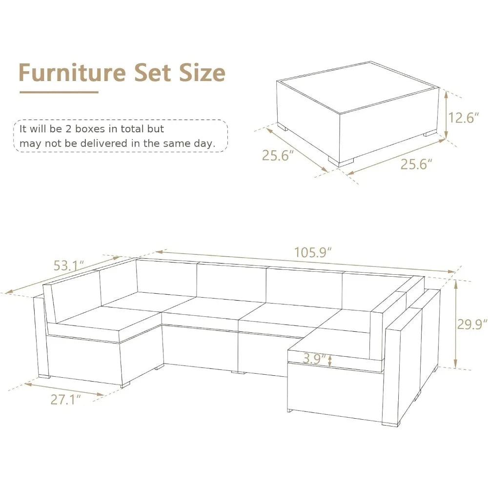 U-MAX Outdoor Sectional Furniture Chair Set with Cushions and Coffee Table,Patio PE Rattan Wicker Sofa, 7 Piece