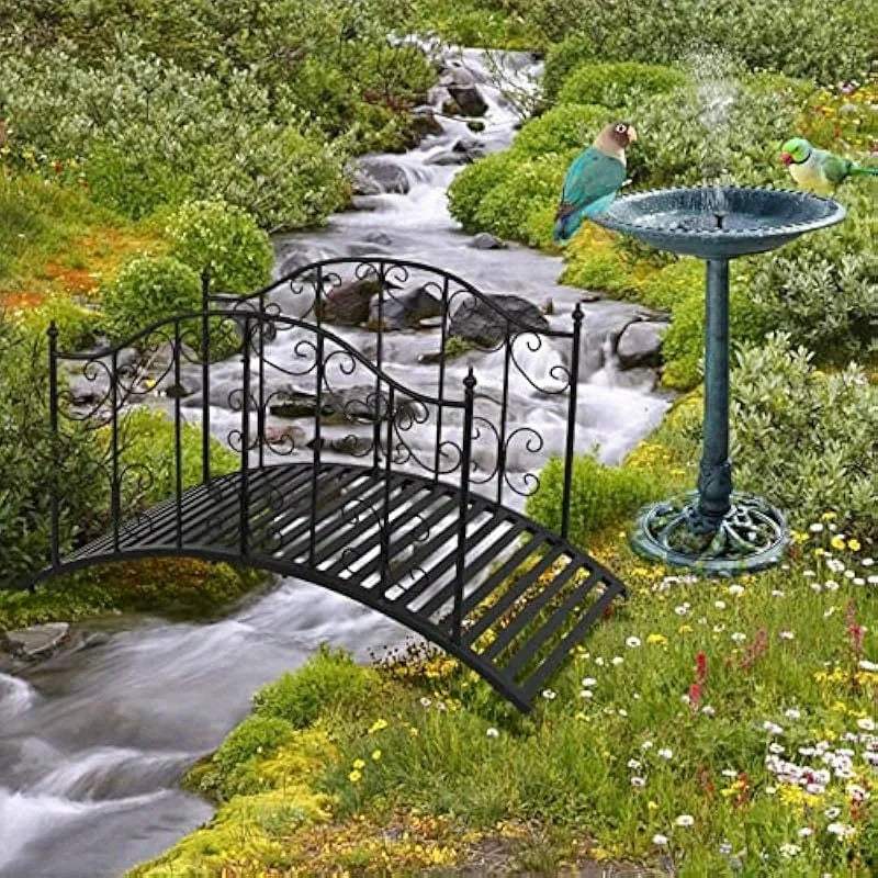 VINGLI Garden Bridge Metal Yard Arch Path Bridge with Patterned Guardrails Ourdoor Decorative Black Iron Foot Bridge for