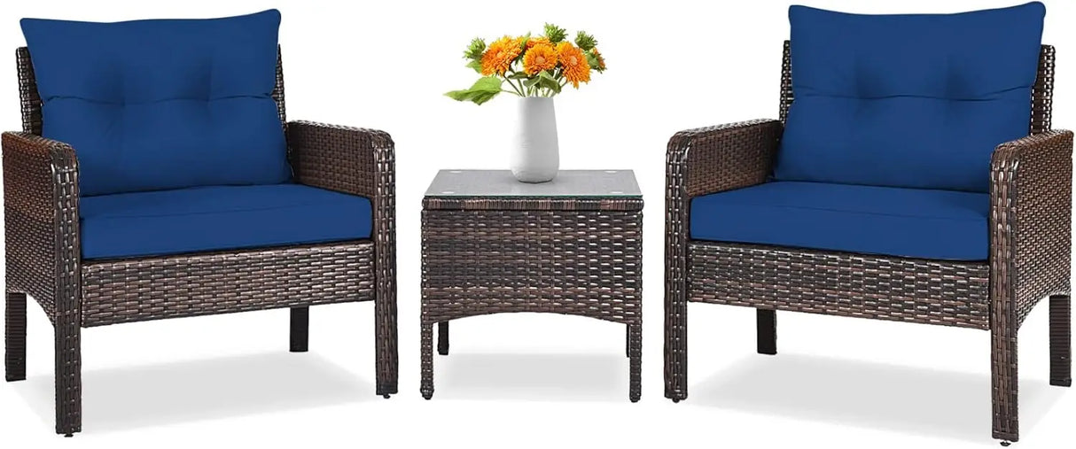 3 Piece Outdoor Patio Furniture Set for 2, Wicker Chairs with Glass Top Coffee Table, Thick Cushions, All Weather Garden Lawn