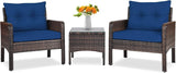 3 Piece Outdoor Patio Furniture Set for 2, Wicker Chairs with Glass Top Coffee Table, Thick Cushions, All Weather Garden Lawn