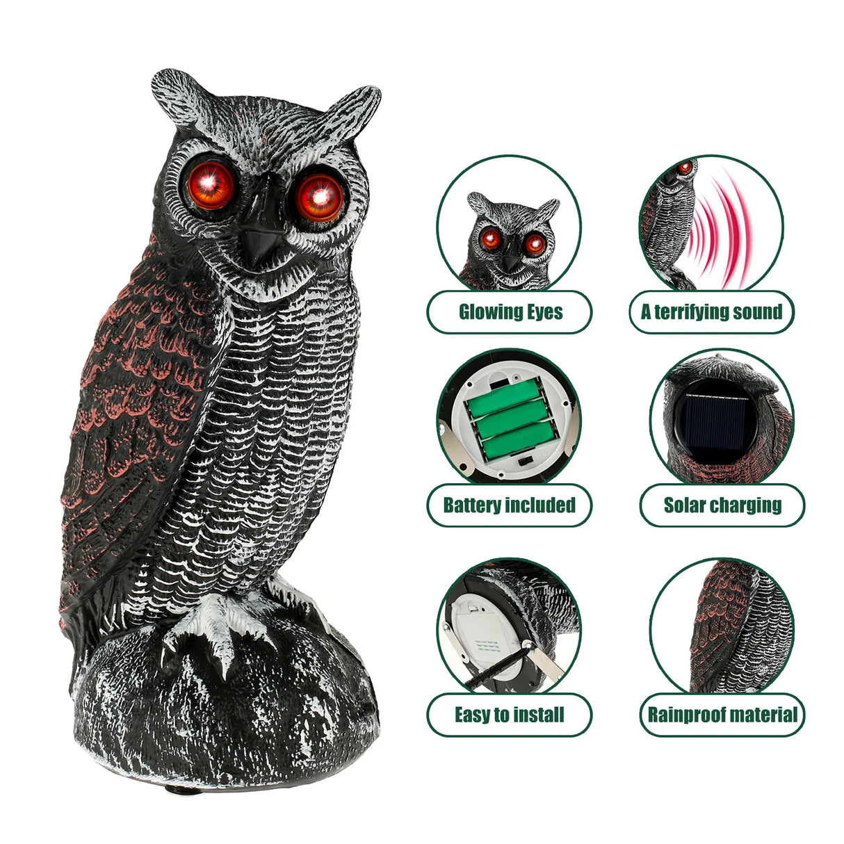 Owl Bird Repellent 360° Rotating Head Realistic Owl Statue Scarecrow Flashing Eyes Scary Sound Garden Bird Repellent Decoration
