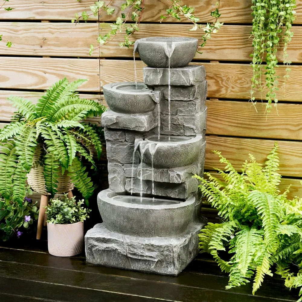 33.25 in. Cascading Bowls and Stacked Stones LED Outdoor Water Fountain for Gardens, Landscaping, Patios, Balconies