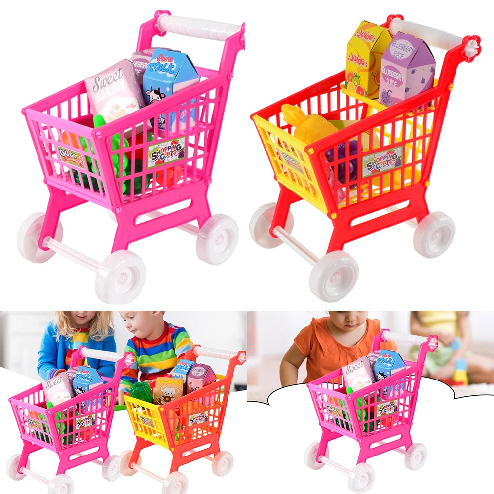 21 Pieces Grocery Store Cart Toys Interactive Play Set Trolley Toys Role Play Toys for Children Kids for Food Fruit Vegetables