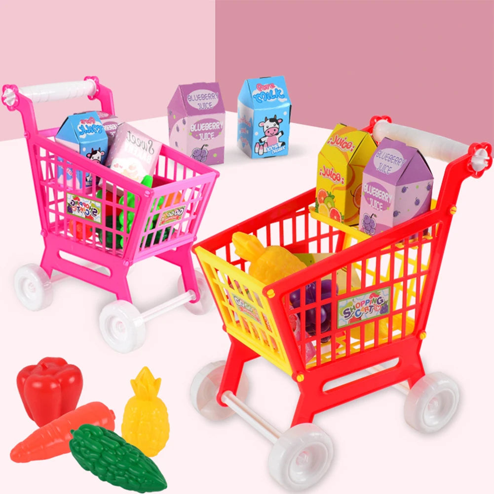 21 Pieces Grocery Store Cart Toys Interactive Play Set Trolley Toys Role Play Toys for Children Kids for Food Fruit Vegetables