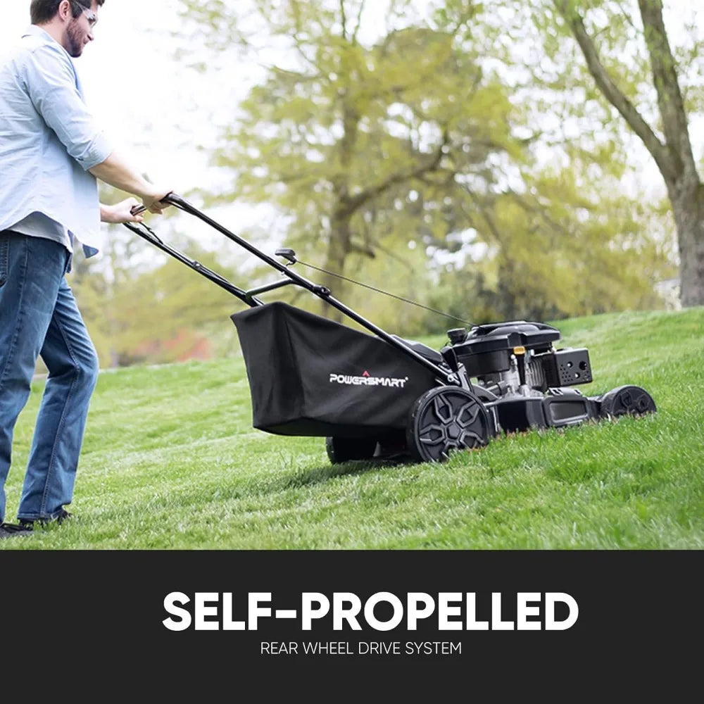 Self Propelled Gas Lawn Mower, 22 in. with 170cc OHV Engine, 3-in-1 Rear-Wheel-Drive High Wheels, Black