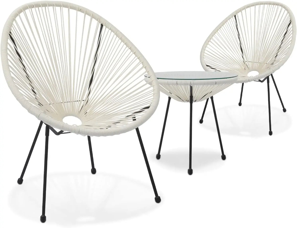 3-Piece Outdoor Chair Set - Glass Top Table, Woven PE Rope, Modern Bistro Set for Patio, Garden