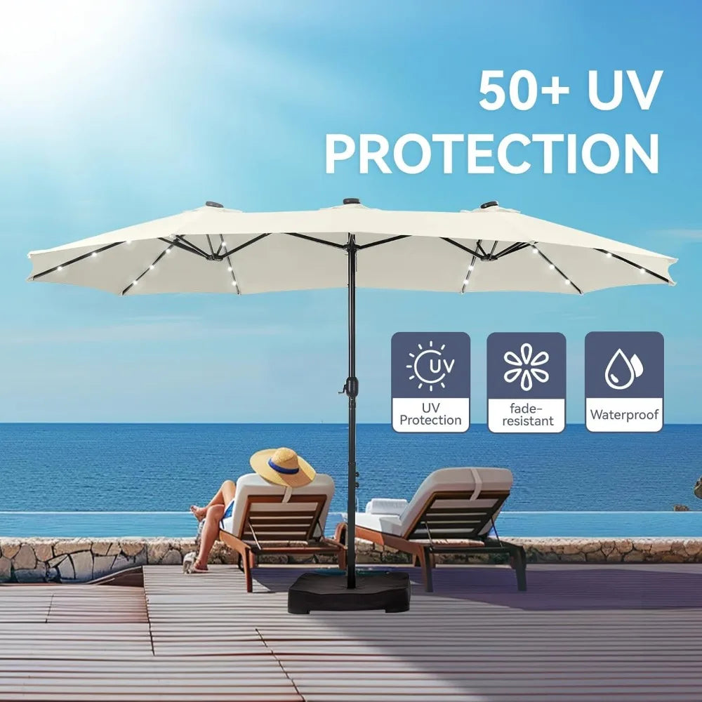 15 ft Rectangle Patio Umbrella with Solar Lights and Base Included, Double-Sided Market Table Umbrella with Crank, Large Outdoo